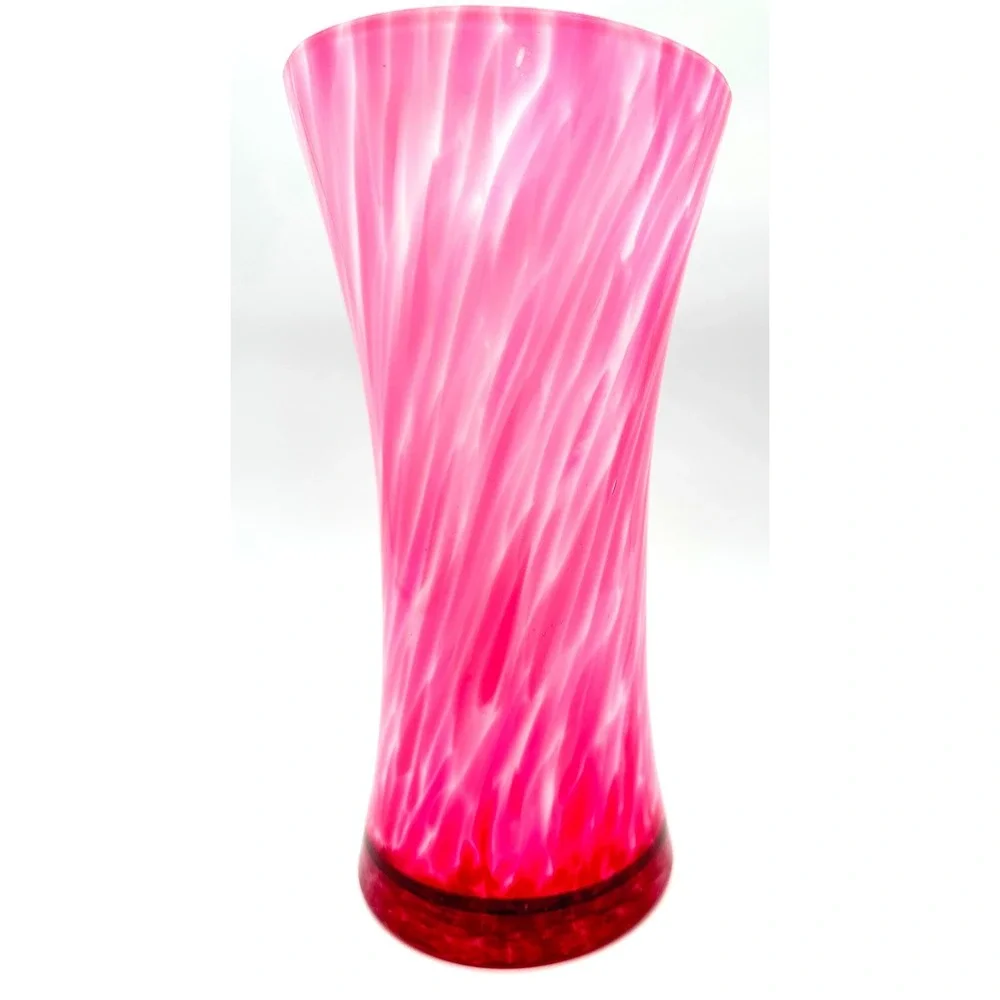 Pink White Swirl Glass Trumpet Vase 8in Fuchsia Hand Blown Flared Floral Decor